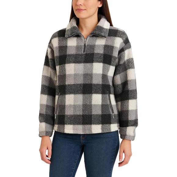 LILY WHITE Black White Plaid Pullover Sherpa Fleece Quarter Zip Womens Large - Picture 1 of 4